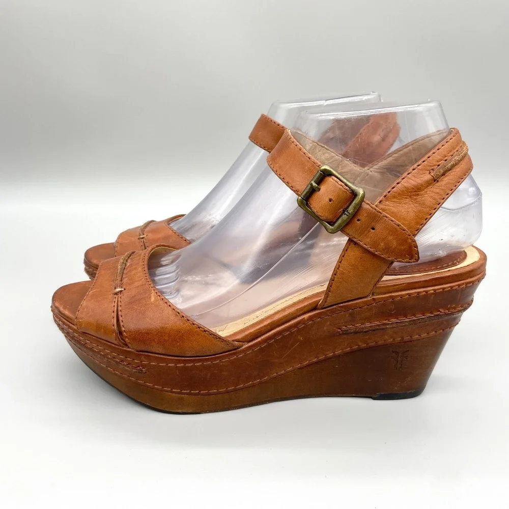 Frye Carlie Seam Brown Leather Wedge Platform Sandals Womens 8M Coastal Cowgirl